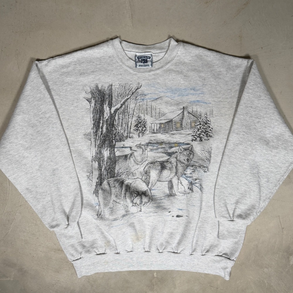 Vintage Lee Wolf Graphic Sweatshirt Mens L Gray Winter Cabin Nature 90s Fleece